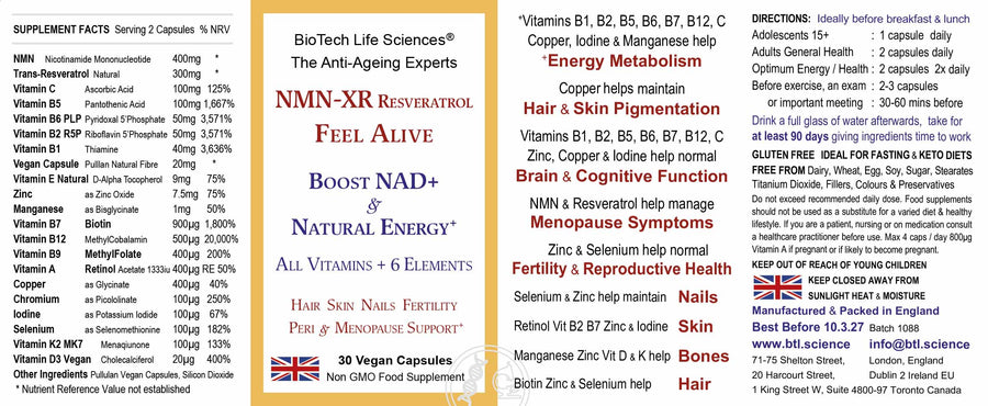 NMN-XR Resveratrol Vitamins Anti-Ageing Hair Skin Menopause 30