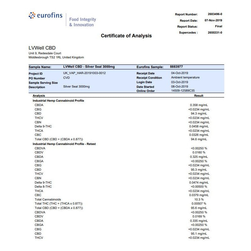 LVWell CBD Silver Seal 3000mg 30ml Hemp Seed Oil