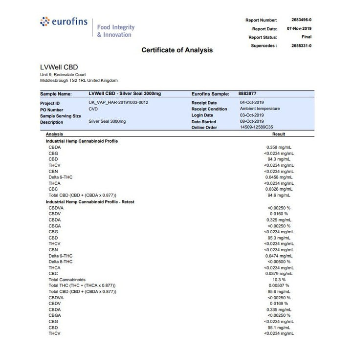 LVWell CBD Silver Seal 3000mg 30ml Hemp Seed Oil
