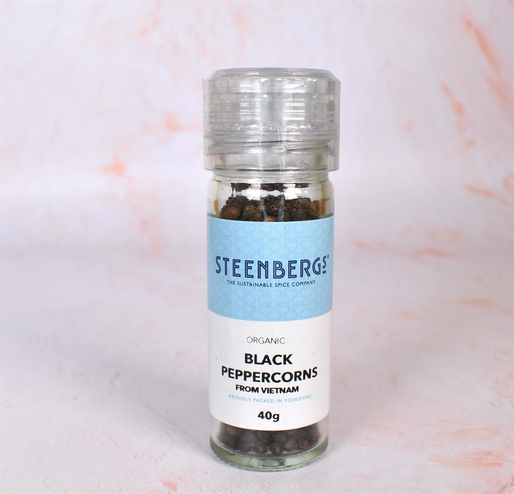 Organic Black Peppercorns in Grinder Jar